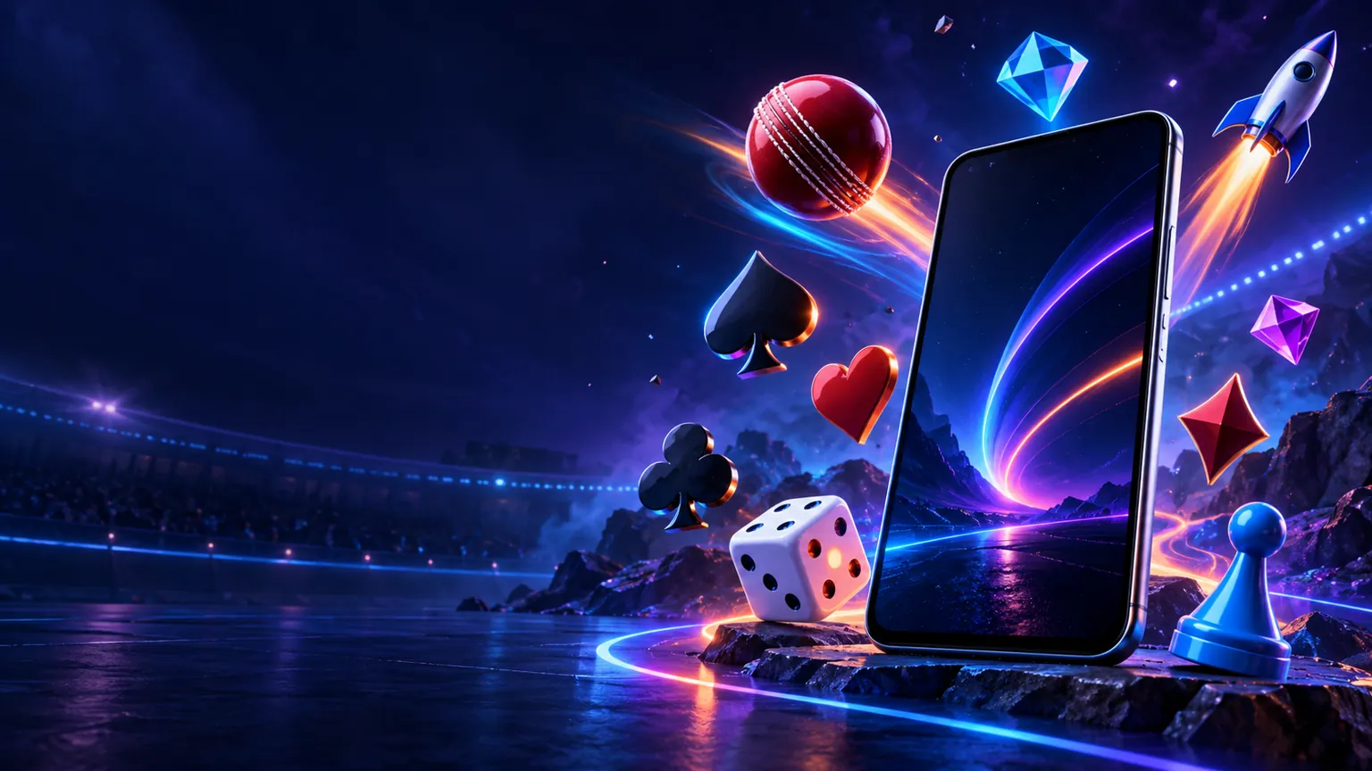 Modern mobile gaming guide universe with cards, dice, cricket and board-game symbols